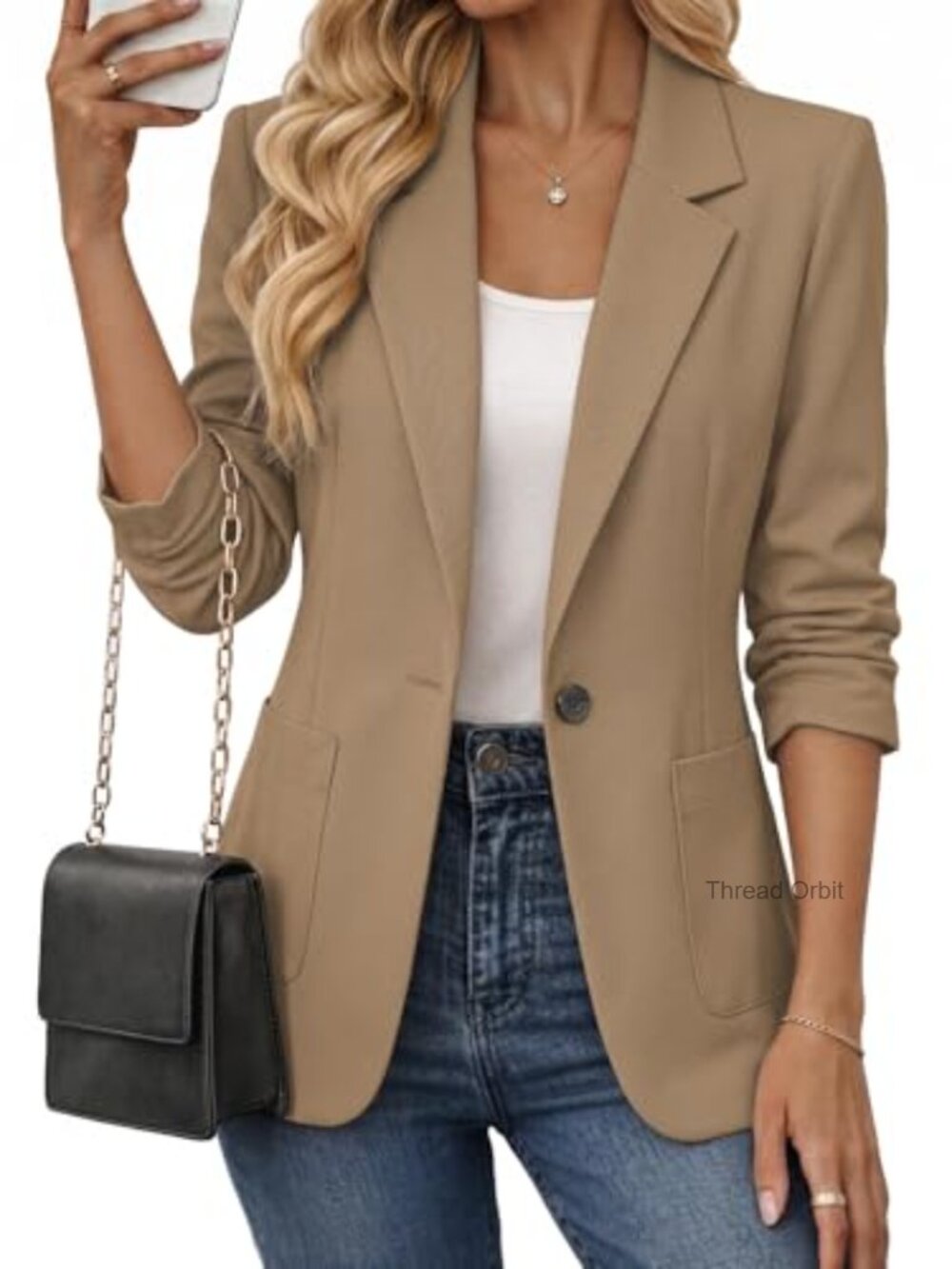 Womens Ruched 3/4 Sleeve Fitted Blazer Lightweight Business Casual
